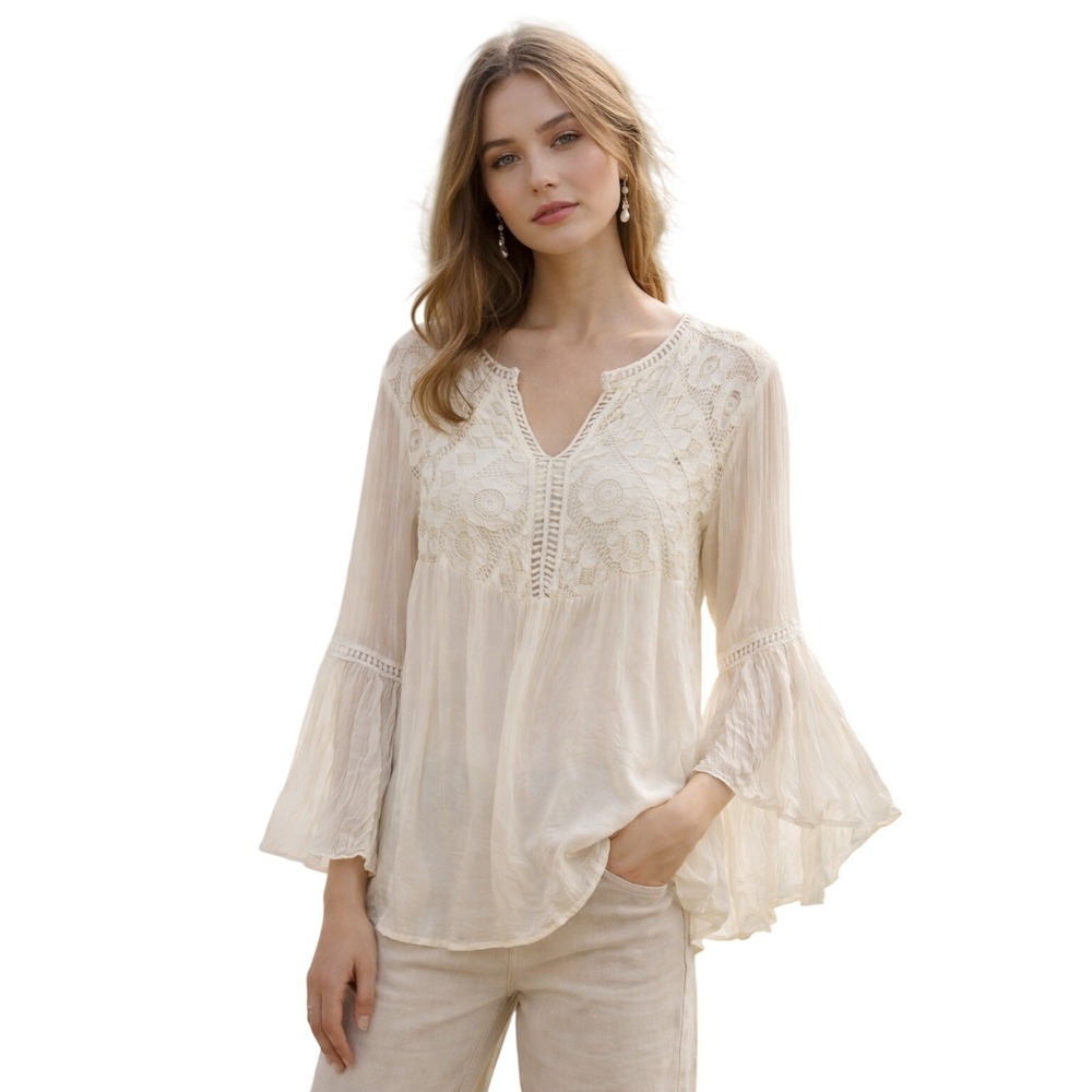 Vintage Bellambra Italy White Lace Bell Sleeve 100% Silk Blouse Top Womens M y2k